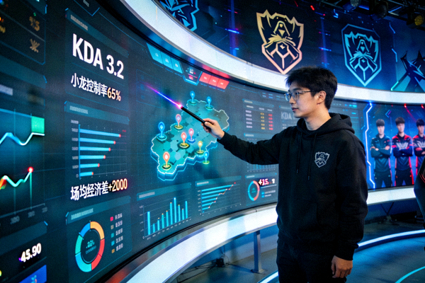 电竞数据分析师正在大屏幕前讲解战队战术数据