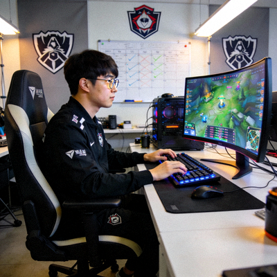 韩国英雄联盟明星选手Faker在训练室中专注训练